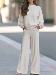 Ivory Mock-Neck Knit Top And Wide-Leg Pants Set