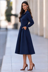 Women's Zip-Up Stand Collar Long Sleeve Fit and Flare Midi Dress
