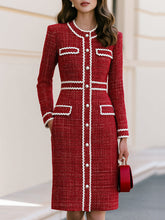 Red Scalloped Trim Pearl Button Tweed Midi Dress