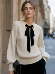 Velvet Bow Tie Ribbed Knit Sweater Top