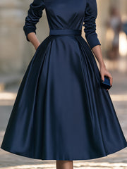 High-Neck Self-belt Satin Midi Dress