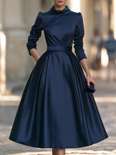 High-Neck Self-belt Satin Midi Dress