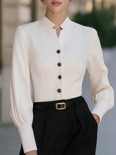 Stand Collar Button-Front Tailored Blouse