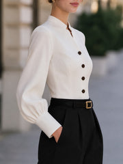 Stand Collar Button-Front Tailored Blouse