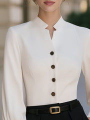 Stand Collar Button-Front Tailored Blouse