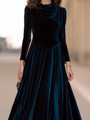 Draped Cowl Neck Long Sleeve Velvet Pointed Waist Fit And Flare Maxi Dress