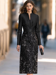 Sequin Floral Skirt Split Neck Pleated Bodice Sheath Midi Dress