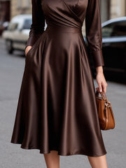 Satin Wrap Front Shirt Dress With Flared Skirt