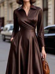 Satin Wrap Front Shirt Dress With Flared Skirt
