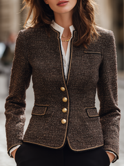 Brown Speckled Tweed Stand Collar Fitted Jacket