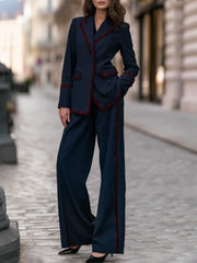 Sequin Trim Blazer & Wide Leg Pants Two-Piece Suit Set