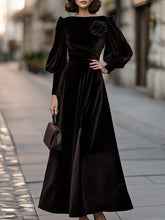 Floral Appliqué Boat-Neck Puff-Sleeve Velvet Maxi Dress