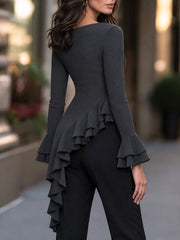 Asymmetric Ruffle Hem Bell Sleeve Knit Top