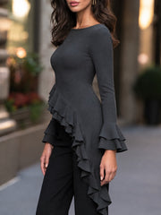 Asymmetric Ruffle Hem Bell Sleeve Knit Top