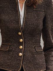 Brown Speckled Tweed Stand Collar Fitted Jacket