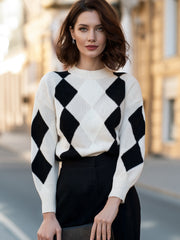 Argyle Diamond Pattern Crew Neck Knit Sweater