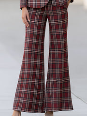 Burgundy Plaid Tailored Peplum Blazer And Wide Leg Pants Set
