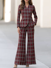 Burgundy Plaid Tailored Peplum Blazer And Wide Leg Pants Set