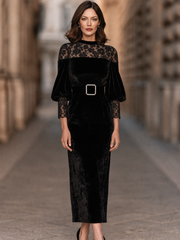 Velvet Lace Panel Midi Dress With Pearl Buckle Belt