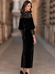 Velvet Lace Panel Midi Dress With Pearl Buckle Belt