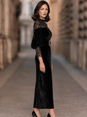 Velvet Lace Panel Midi Dress With Pearl Buckle Belt