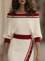 Contrast Trim Off-Shoulder Knit Midi Dress