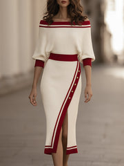 Contrast Trim Off-Shoulder Knit Midi Dress