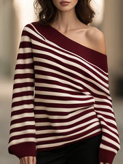 Off Shoulder Striped Ribbed Knit Sweater