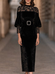 Velvet Lace Panel Midi Dress With Pearl Buckle Belt
