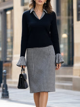 Houndstooth Ruffle Cuff V-Neck Sweater & Pencil Skirt Tailored Set