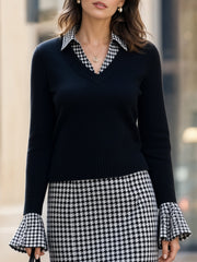Houndstooth Ruffle Cuff V-Neck Sweater & Pencil Skirt Tailored Set