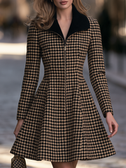 Gingham Check Contrast Collar Zip-Front Fit And Flare Coat Dress