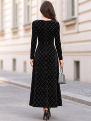Black Velvet Boat Neck Long Sleeve Maxi Dress