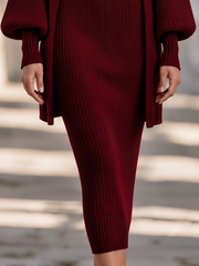 Elegant Ribbed Knit Midi Dress & Open Front Cardigan Set