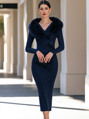 Faux Fur Collar Ribbed Knit Midi Dress