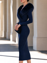 Faux Fur Collar Ribbed Knit Midi Dress