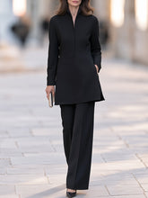 Women's Elegant Longline Jacket & Wide-Leg Trousers Two-Piece Set