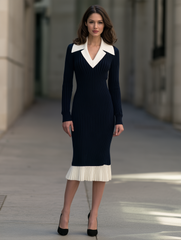 Contrast Collar Ribbed-Knit Midi Dress