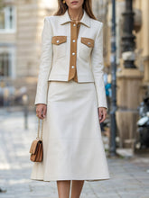 Contrast Trim Pocket Leather Jacket & Midi Skirt Tailored Set