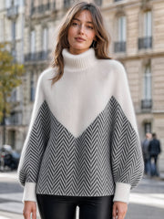 Chevron Color-Block Turtleneck Knit Sweater