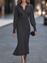 Collared Button-Placket Ribbed Knit Maxi Dress