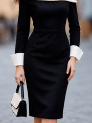 Pearl Trim Contrast Off-Shoulder Sheath Dress