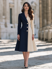 Elegant Color Block Double-Breasted Wool Blend Midi Coat Dress