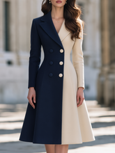Elegant Color Block Double-Breasted Wool Blend Midi Coat Dress