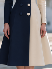 Elegant Color Block Double-Breasted Wool Blend Midi Coat Dress