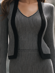 Grey Black Vertical Stripe Knit Two-Piece Midi Dress Set
