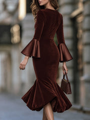Velvet Mermaid Midi Dress With Satin Bell Cuffs
