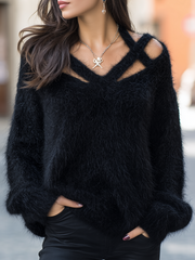 Black Fuzzy Cutout V-Neck Oversized Sweater
