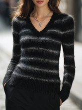 Black Fuzzy V-Neck Fitted Knit Sweater