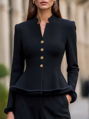 Stand Collar Peplum Jacket & Wide-Leg Pants Tailored Set